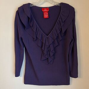 Oscar De Le Renta Women vintage ribbed knit ruffle neck stretchy sweater medium